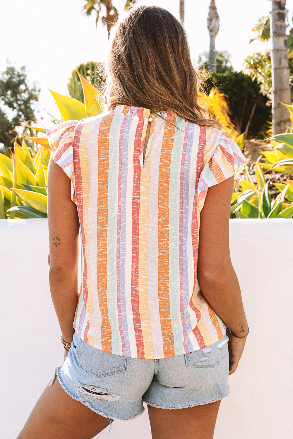 Multicolor Striped Color Block Frill Neck Ruffle Blouse