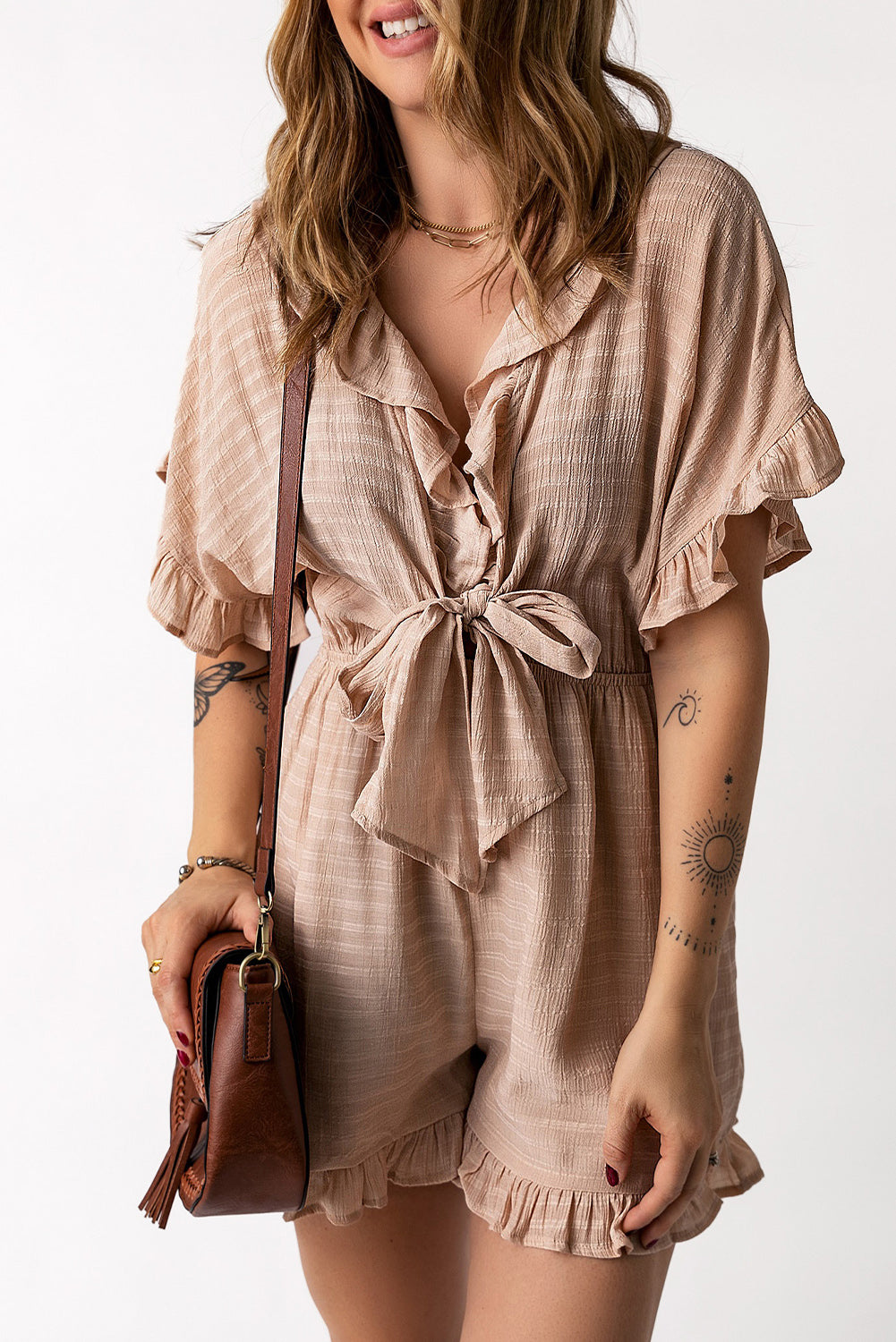 Striped Tie Ruffled Romper with Pockets