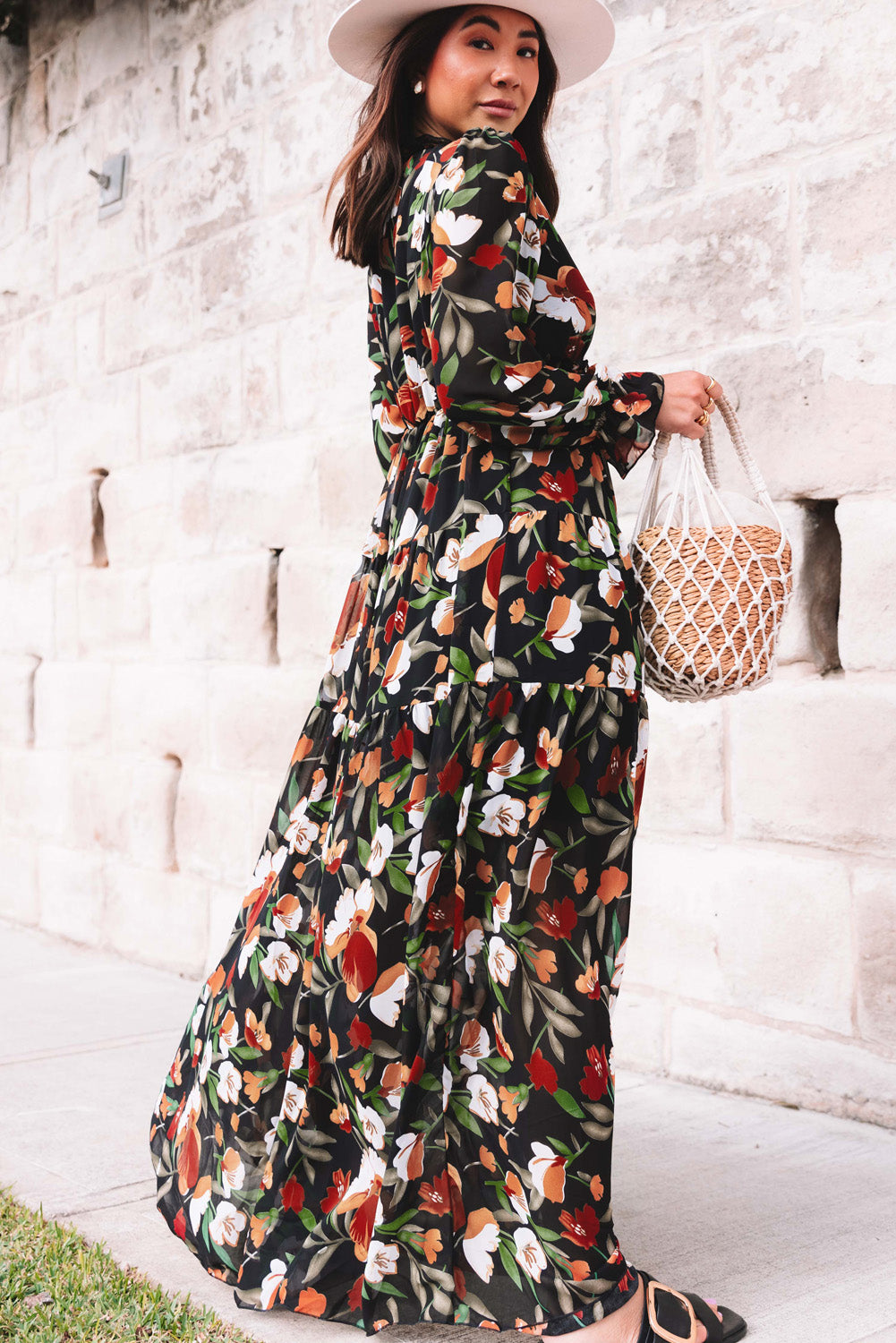 Pastel Red Floral Print Ruffle Trim Plunge Neckline Maxi Dress