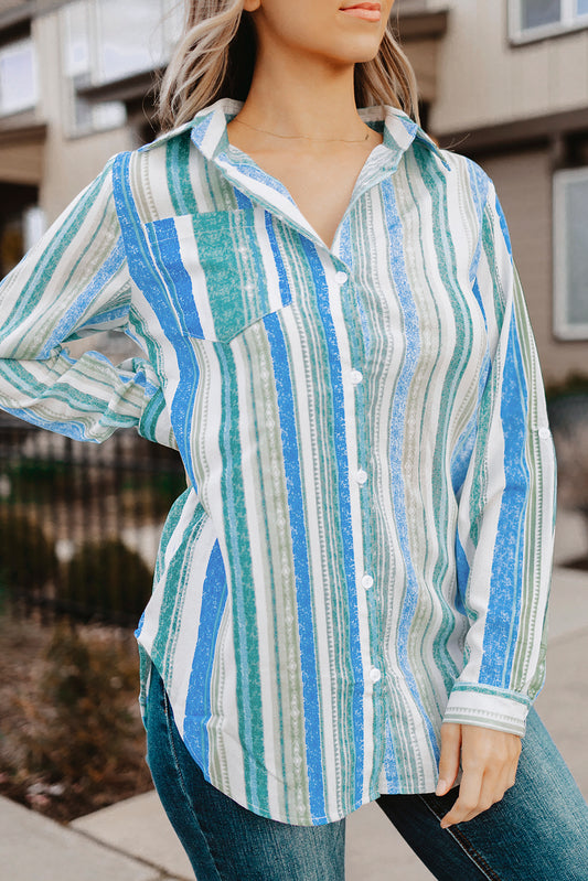 Button Up Collared Stripes Shirt for Women