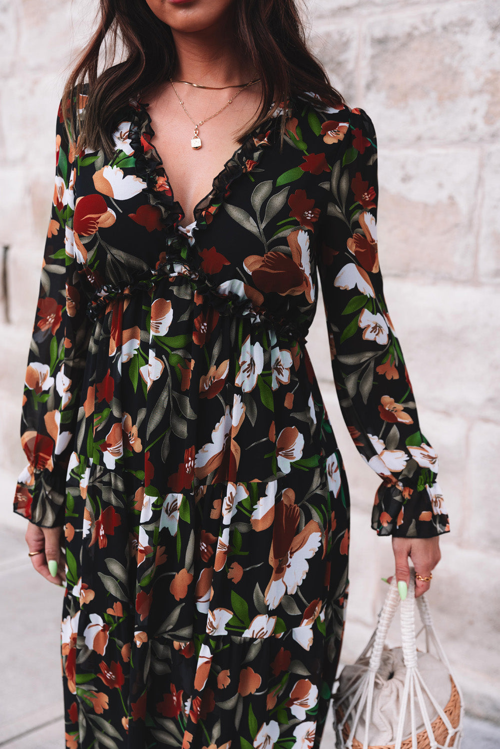 Pastel Red Floral Print Ruffle Trim Plunge Neckline Maxi Dress