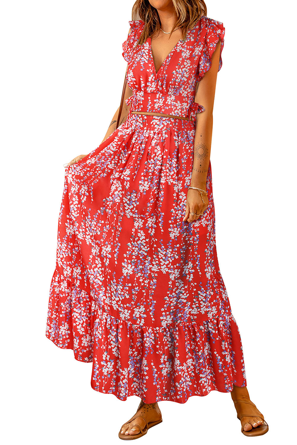 Ditsy Floral Print Ruffled Crop Top & Flounce Hem Maxi Skirt Set