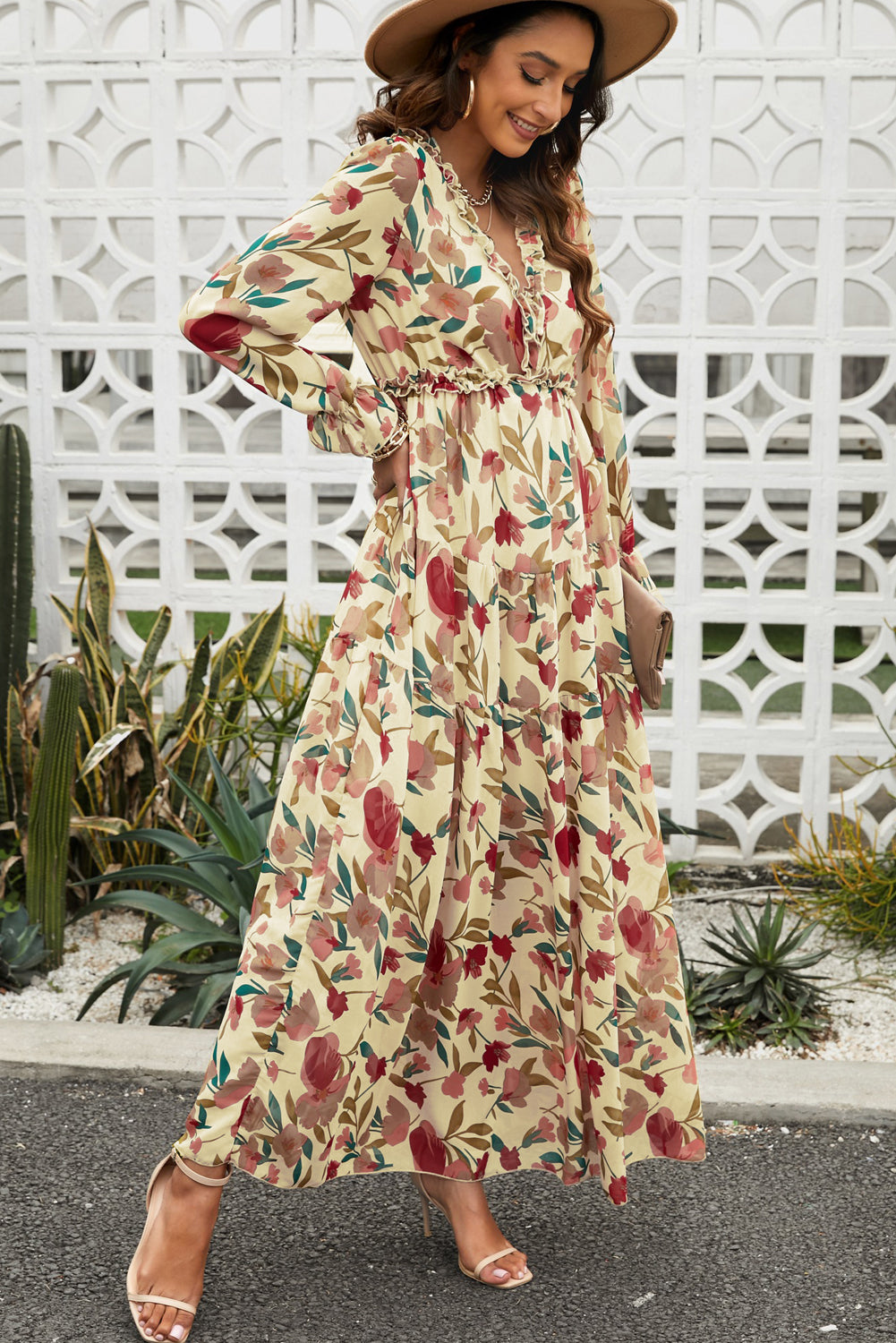 Pastel Red Floral Print Ruffle Trim Plunge Neckline Maxi Dress