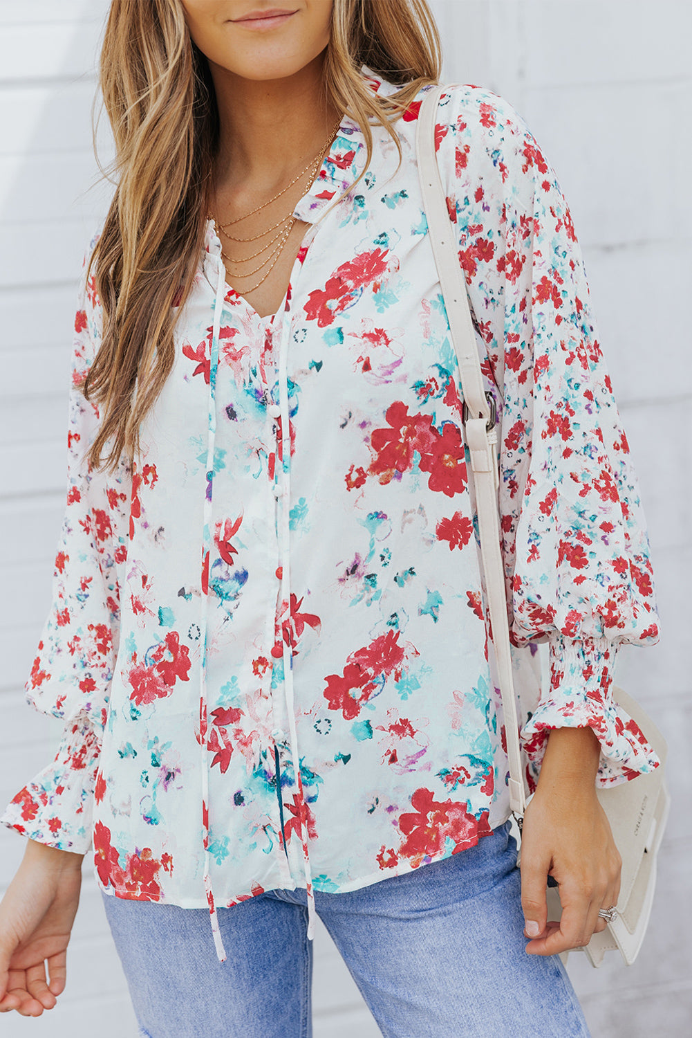 Pink Floral Print Bohemian Button Tie Front Blouse