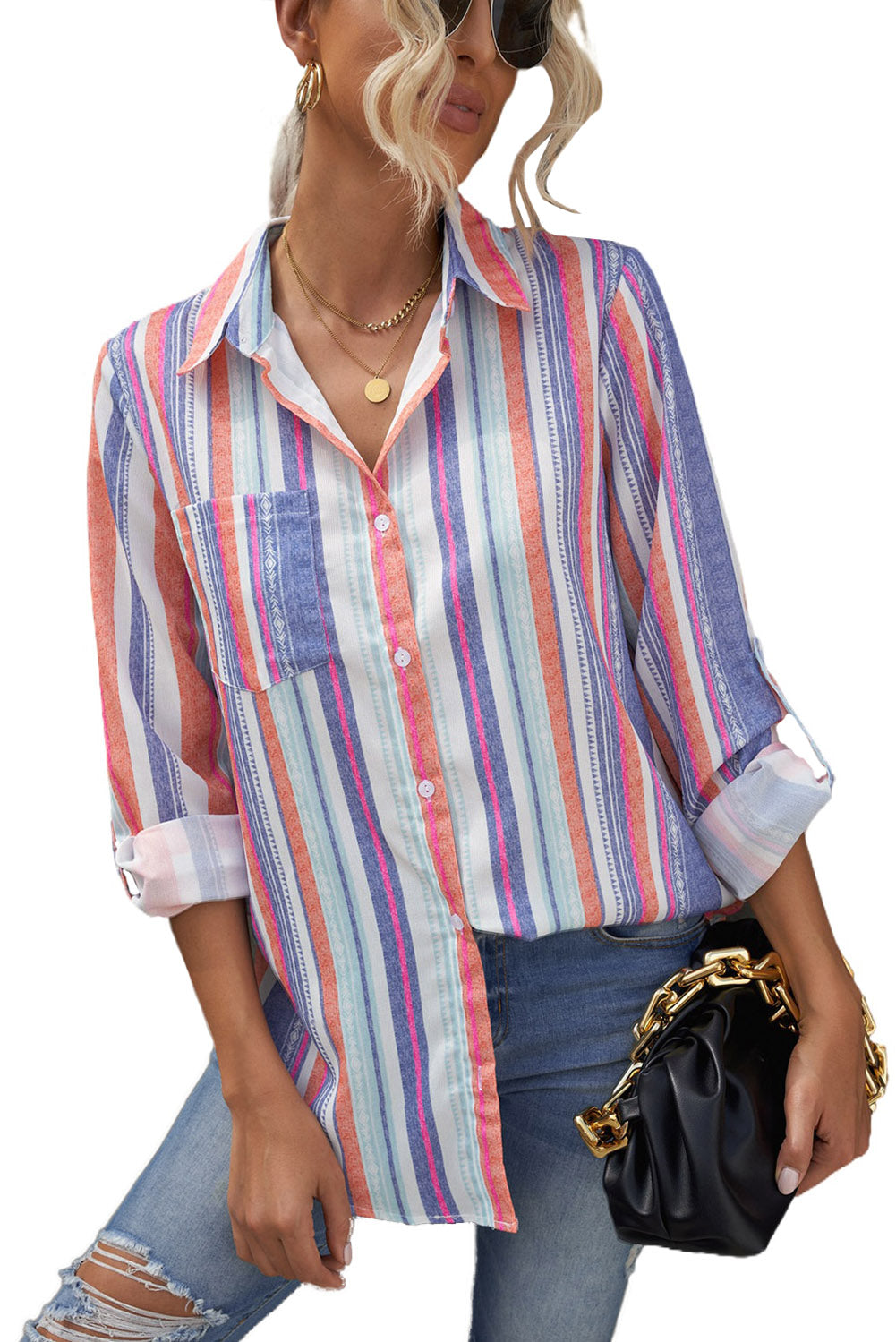 Button Up Collared Stripes Shirt for Women