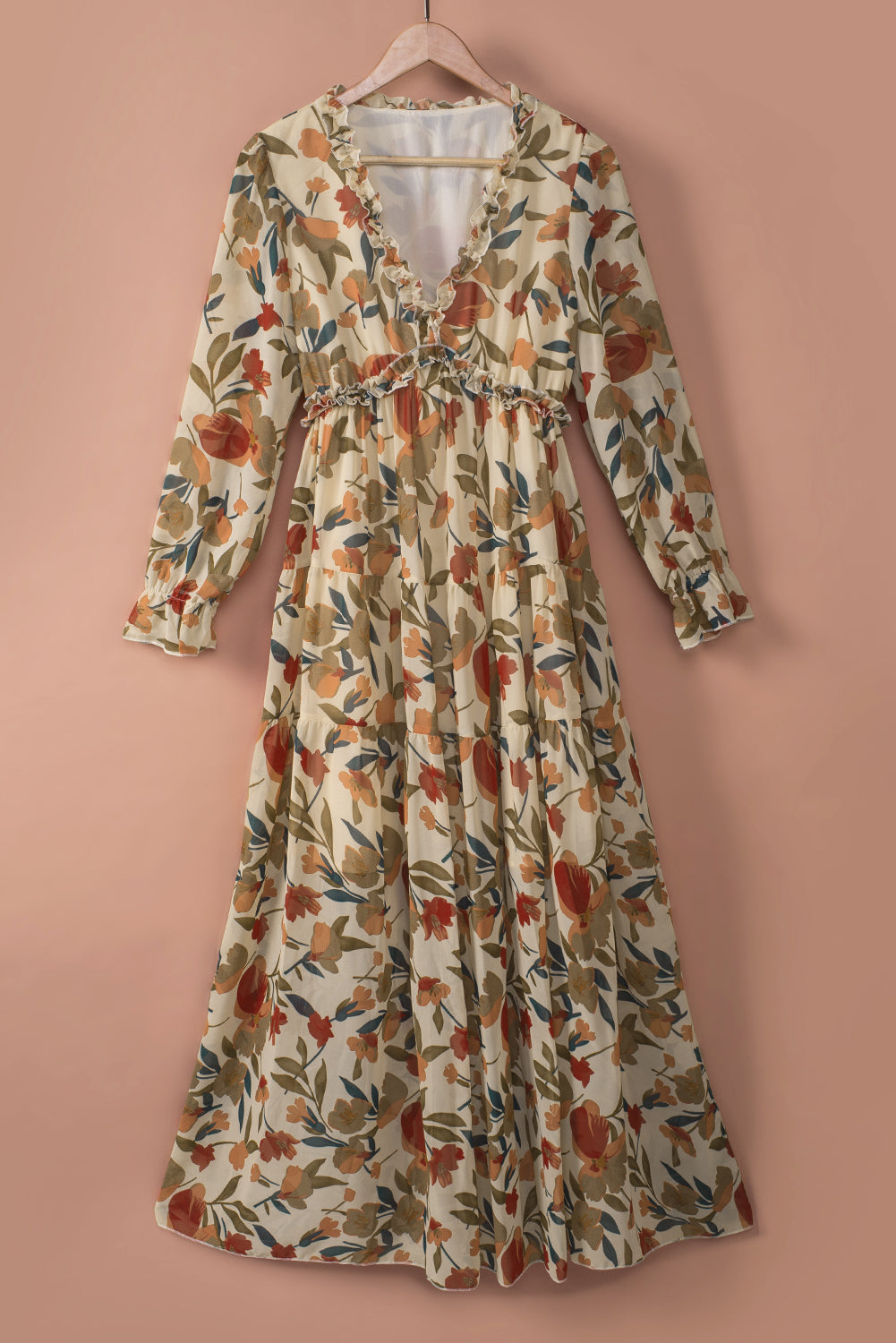 Pastel Red Floral Print Ruffle Trim Plunge Neckline Maxi Dress