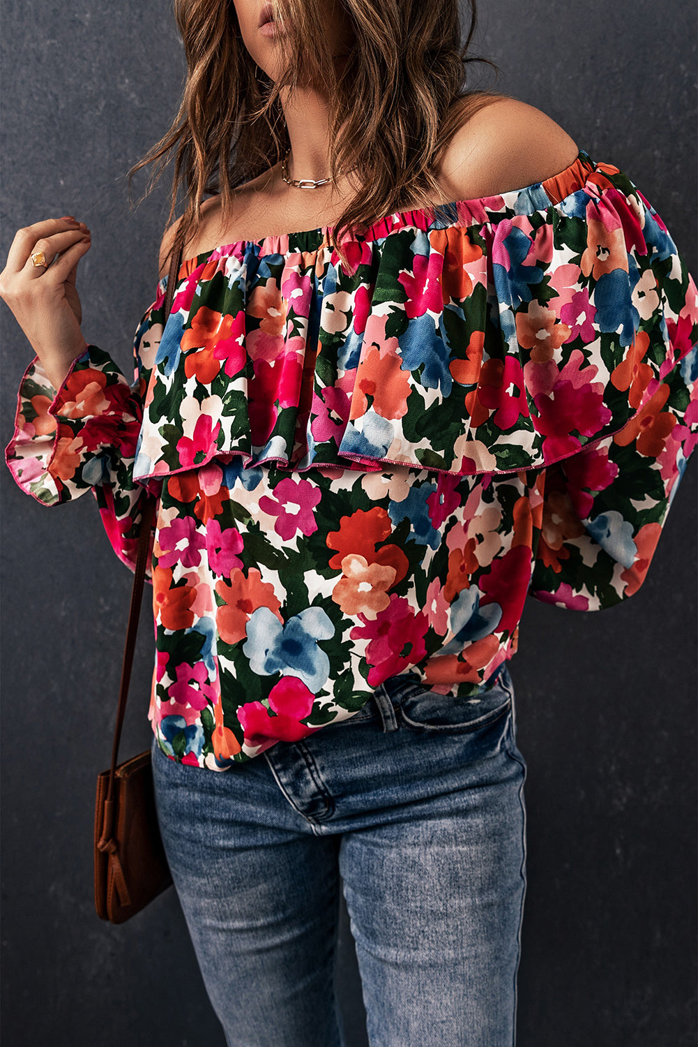 Multicolor Bohemian Floral Print Shirred Ruffle Off Shoulder Blouse