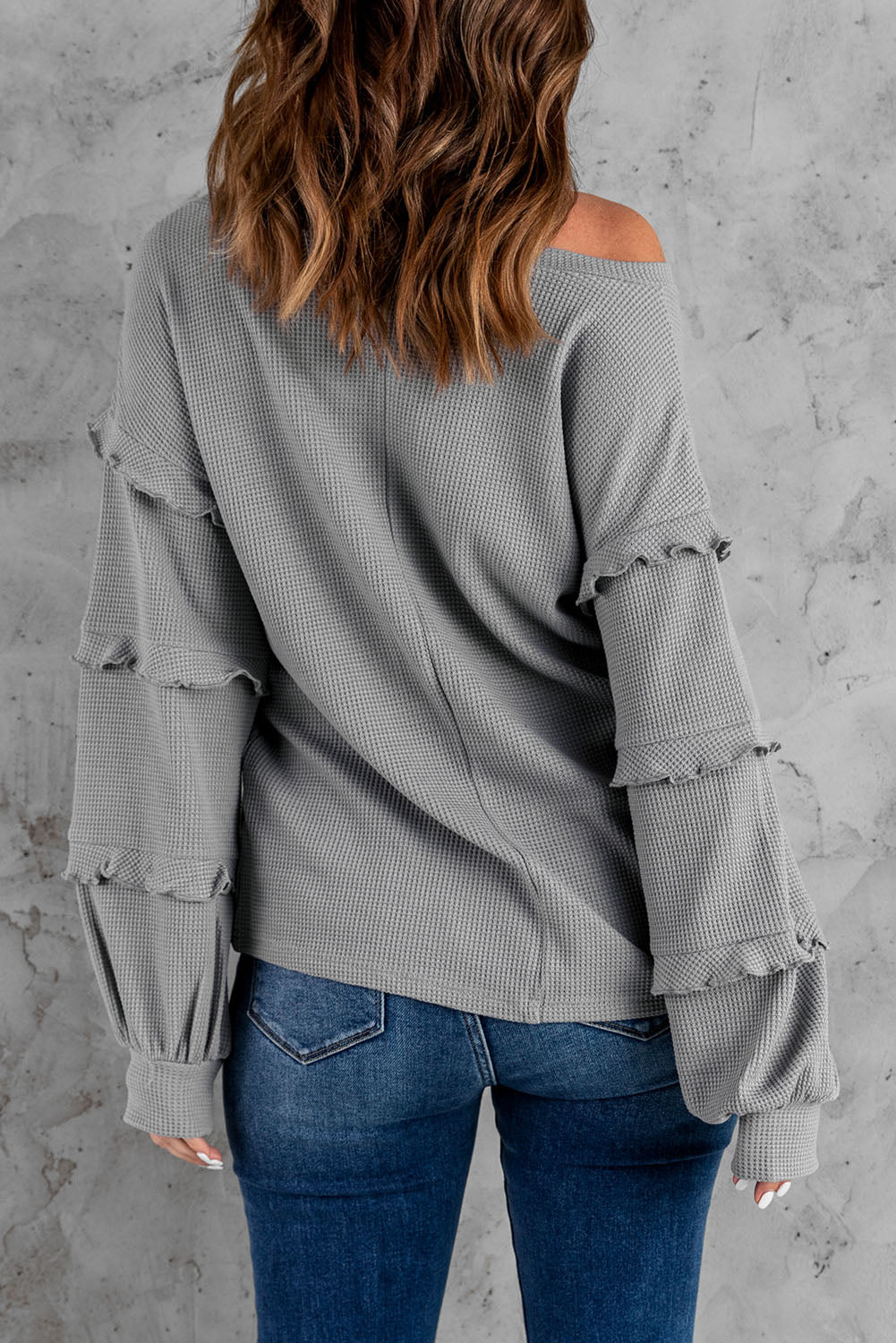 Grey V Neck Pullover Tiered Ruffle Long Sleeve Shirt