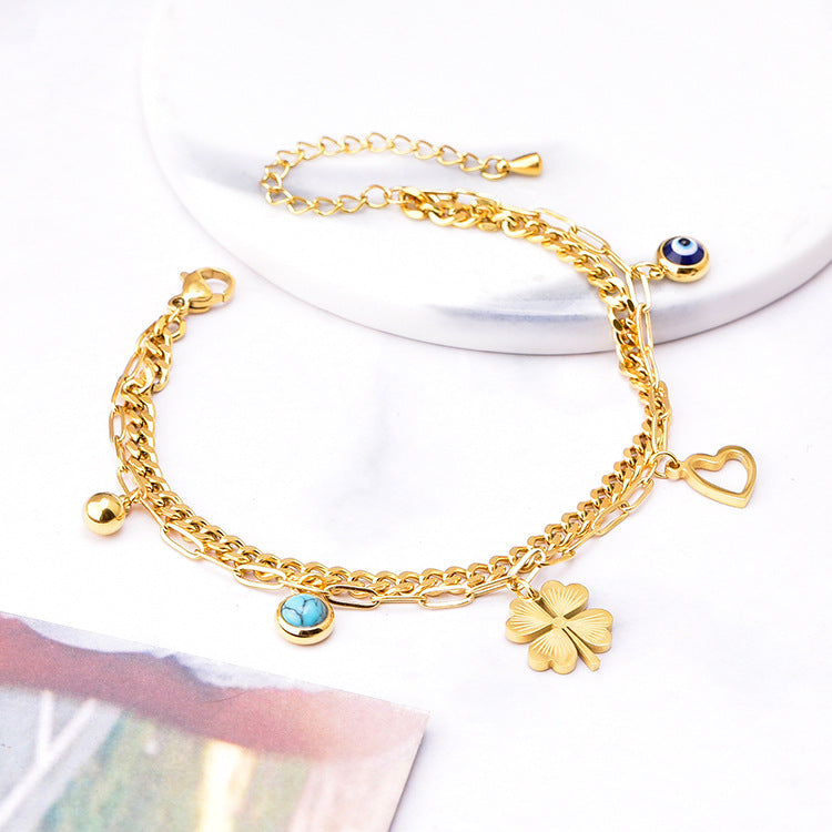 Geometric Blue-green Garnet Round Love Double-layer Bracelet