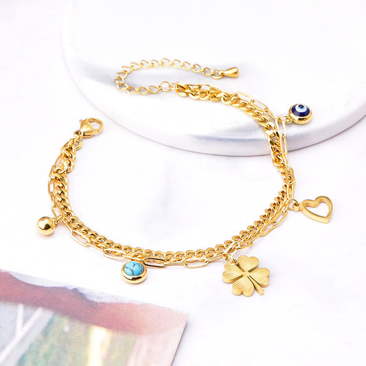 Geometric Blue-green Garnet Round Love Double-layer Bracelet