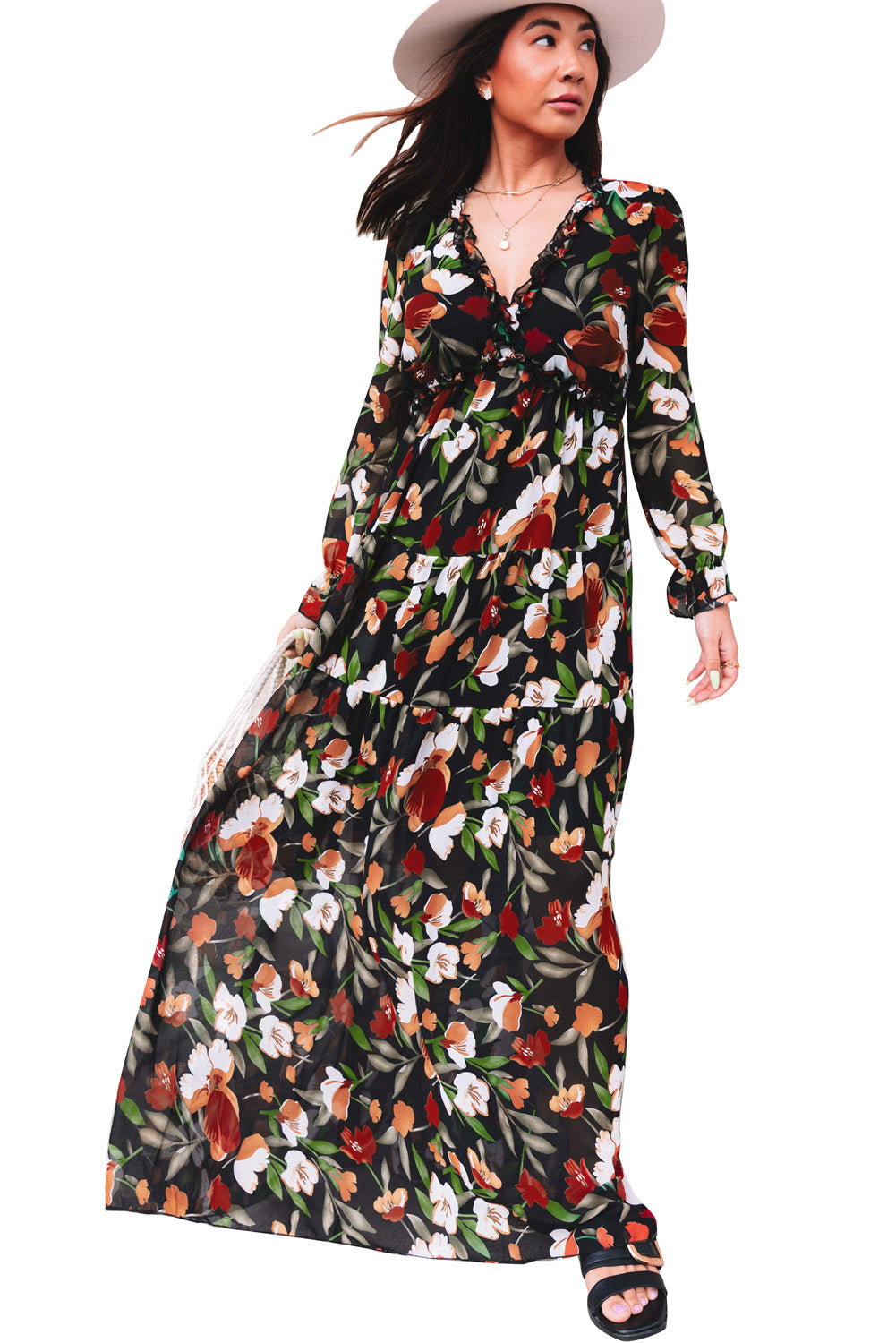 Pastel Red Floral Print Ruffle Trim Plunge Neckline Maxi Dress