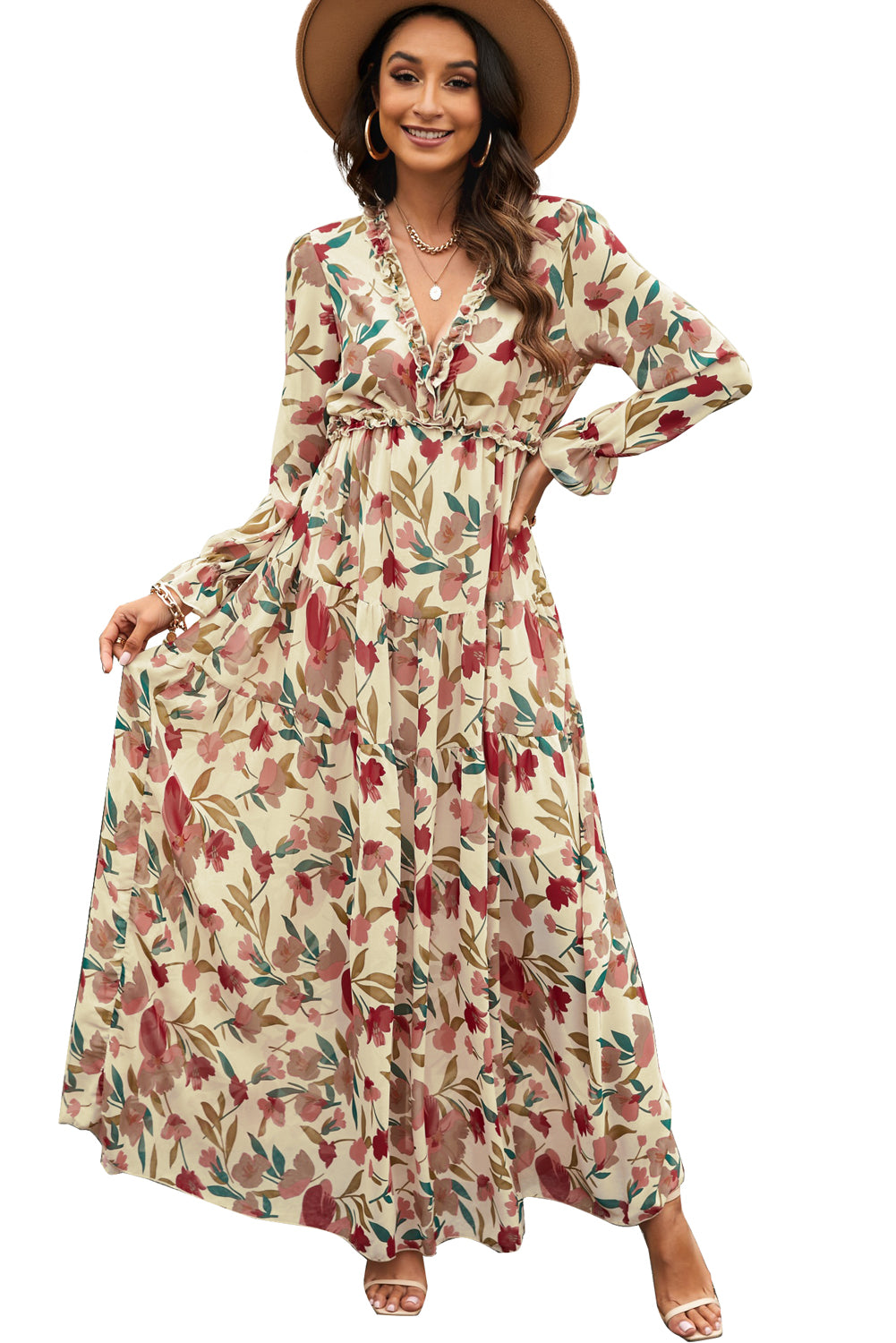 Pastel Red Floral Print Ruffle Trim Plunge Neckline Maxi Dress
