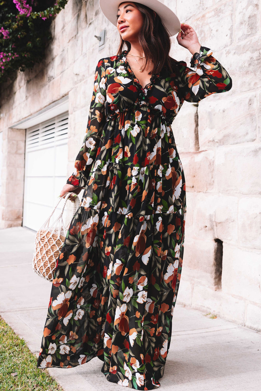 Pastel Red Floral Print Ruffle Trim Plunge Neckline Maxi Dress