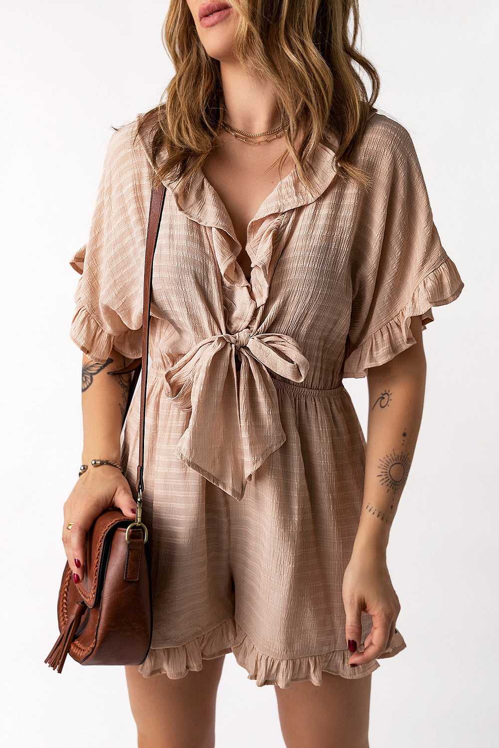 Striped Tie Ruffled Romper with Pockets