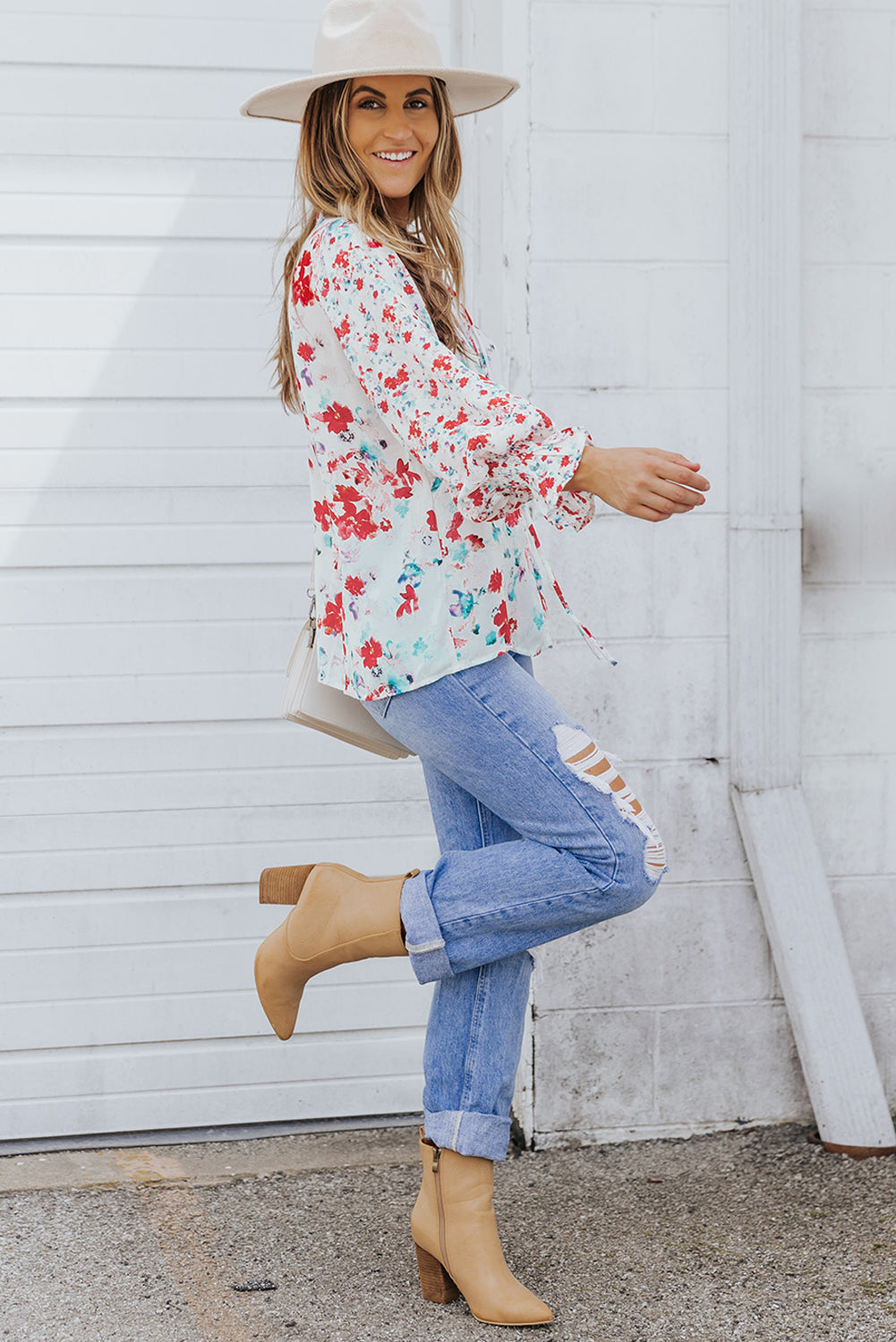 Pink Floral Print Bohemian Button Tie Front Blouse