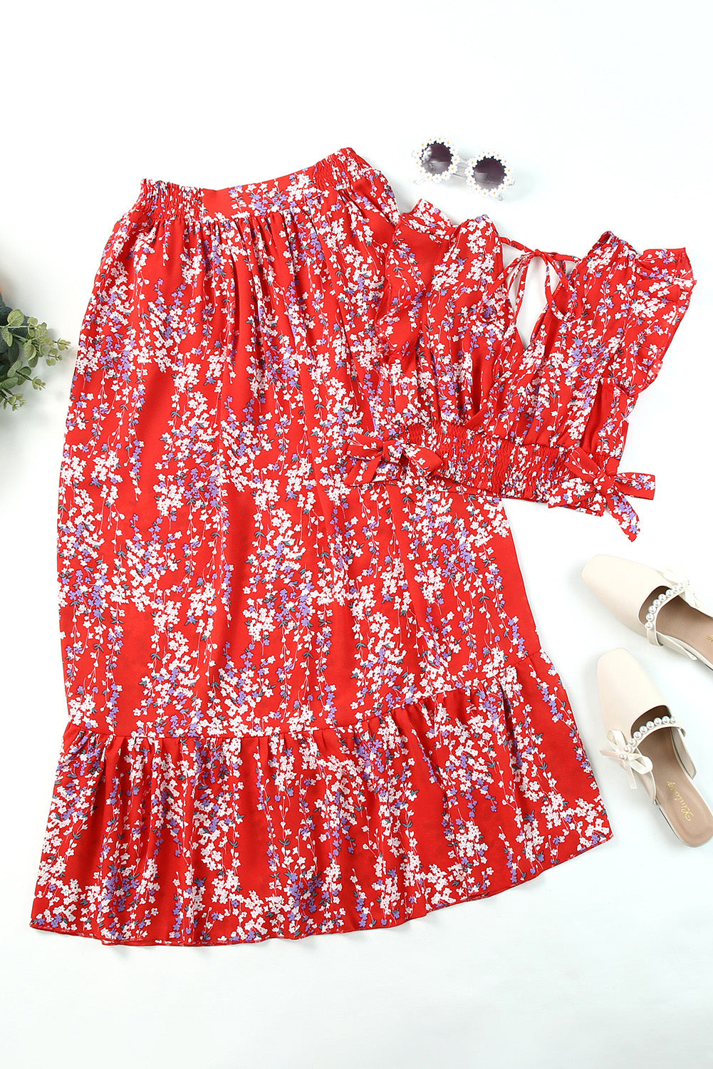 Ditsy Floral Print Ruffled Crop Top & Flounce Hem Maxi Skirt Set