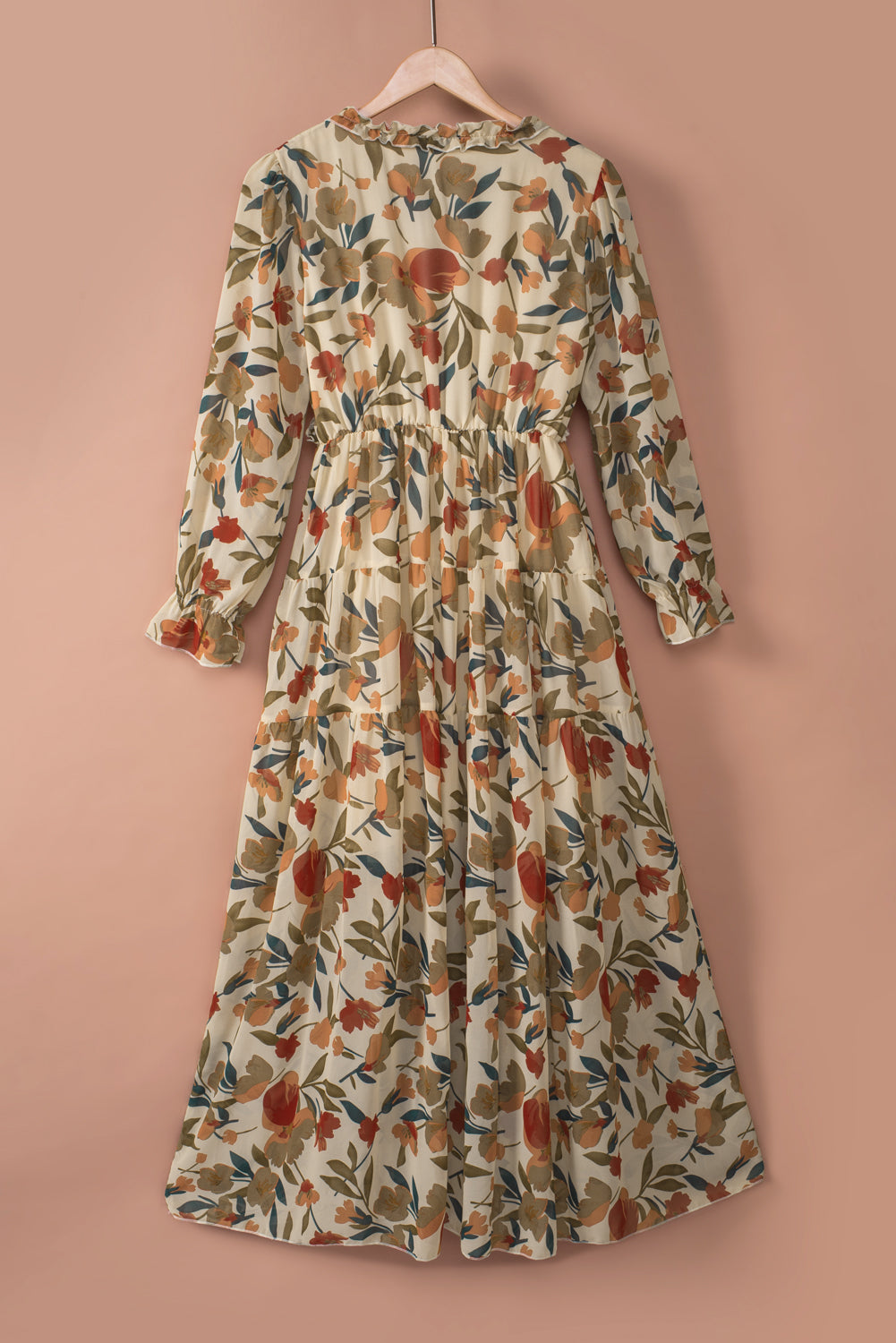 Pastel Red Floral Print Ruffle Trim Plunge Neckline Maxi Dress