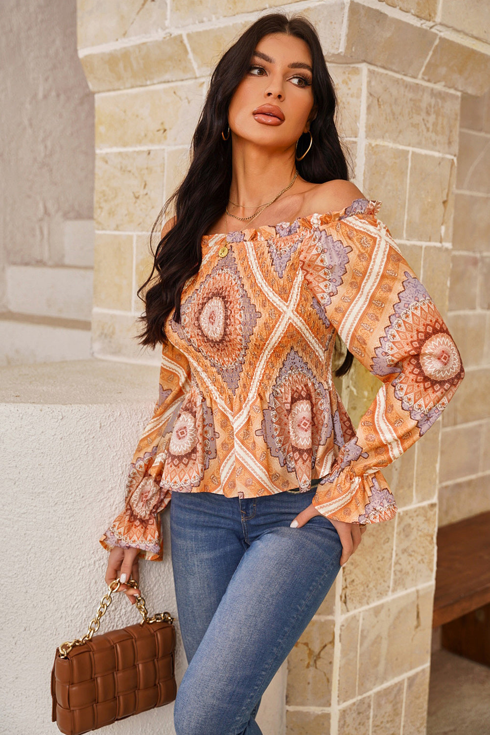 Paisley Print Smocked Off Shoulder Top