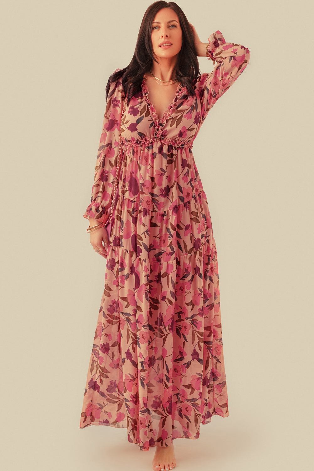 Pastel Red Floral Print Ruffle Trim Plunge Neckline Maxi Dress