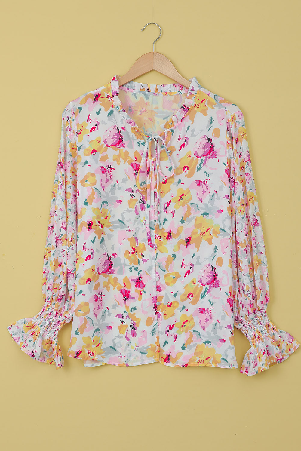 Pink Floral Print Bohemian Button Tie Front Blouse