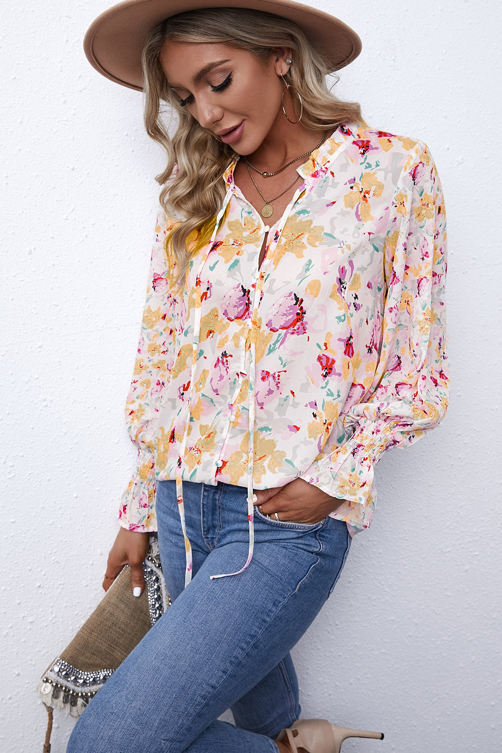Pink Floral Print Bohemian Button Tie Front Blouse