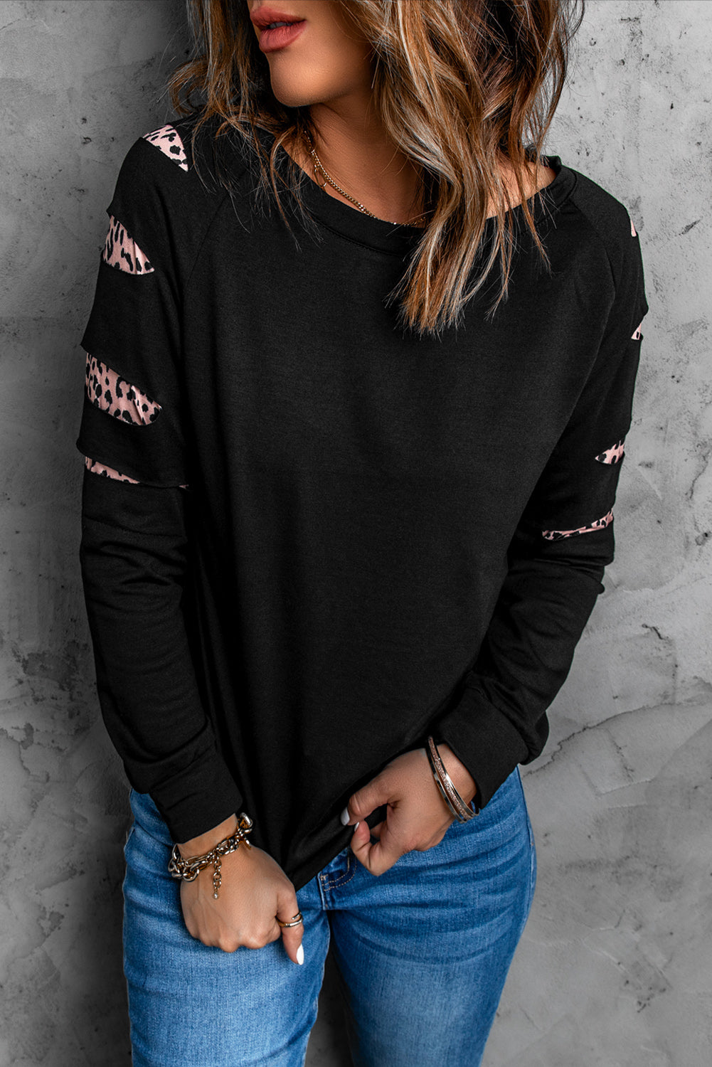 Leopard Print Distressed Raglan Sleeve Sweatshirt