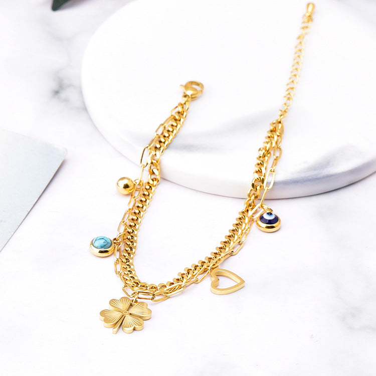 Geometric Blue-green Garnet Round Love Double-layer Bracelet