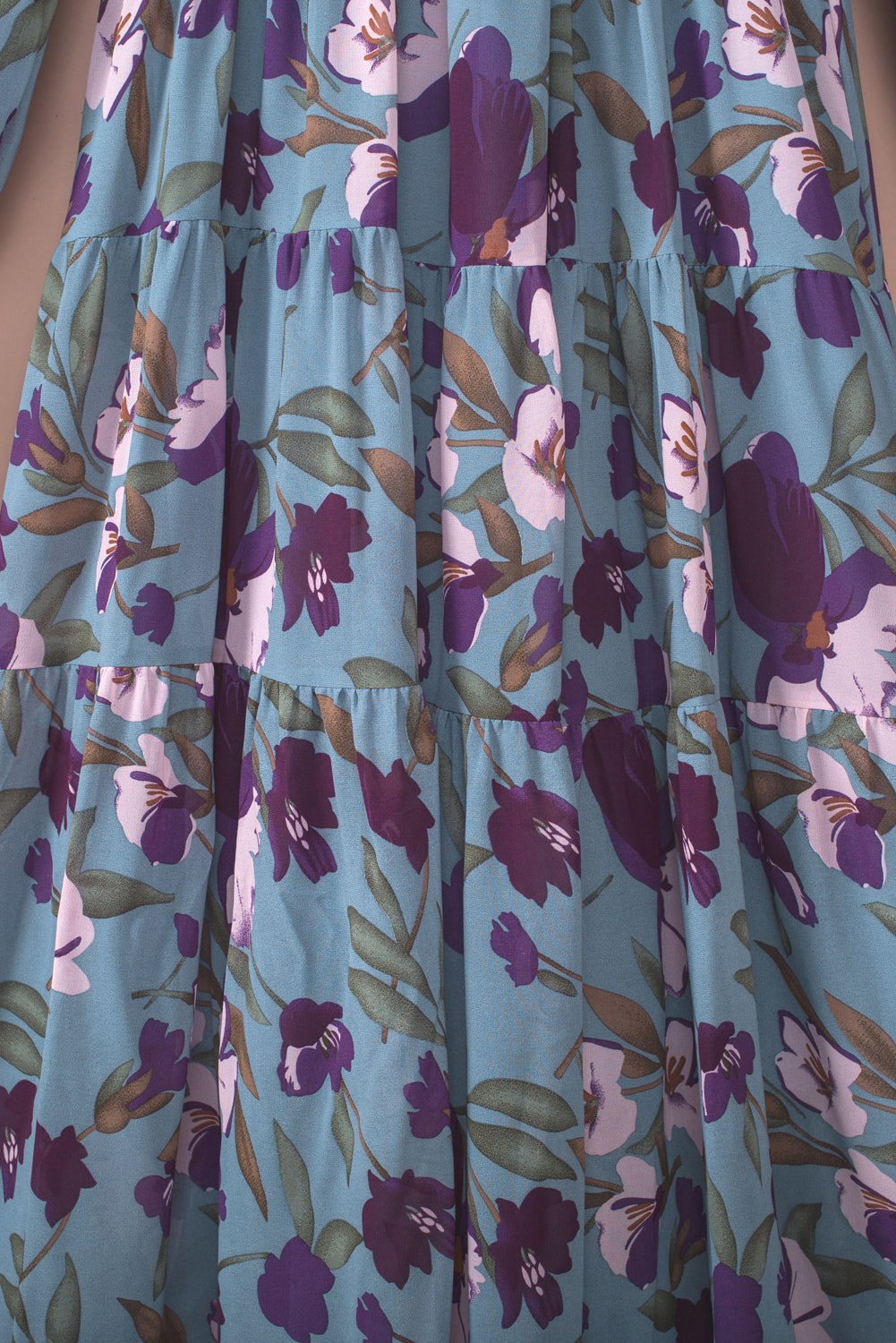 Pastel Red Floral Print Ruffle Trim Plunge Neckline Maxi Dress