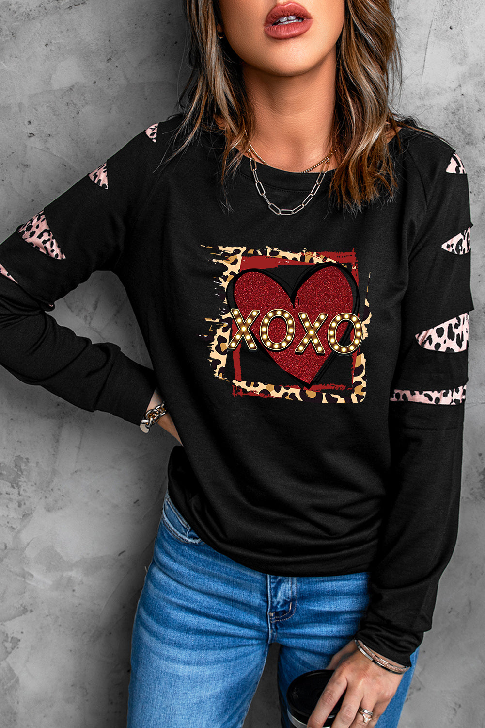 Leopard Print Distressed Raglan Sleeve Sweatshirt