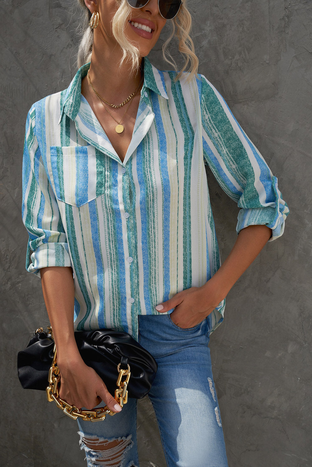 Button Up Collared Stripes Shirt for Women