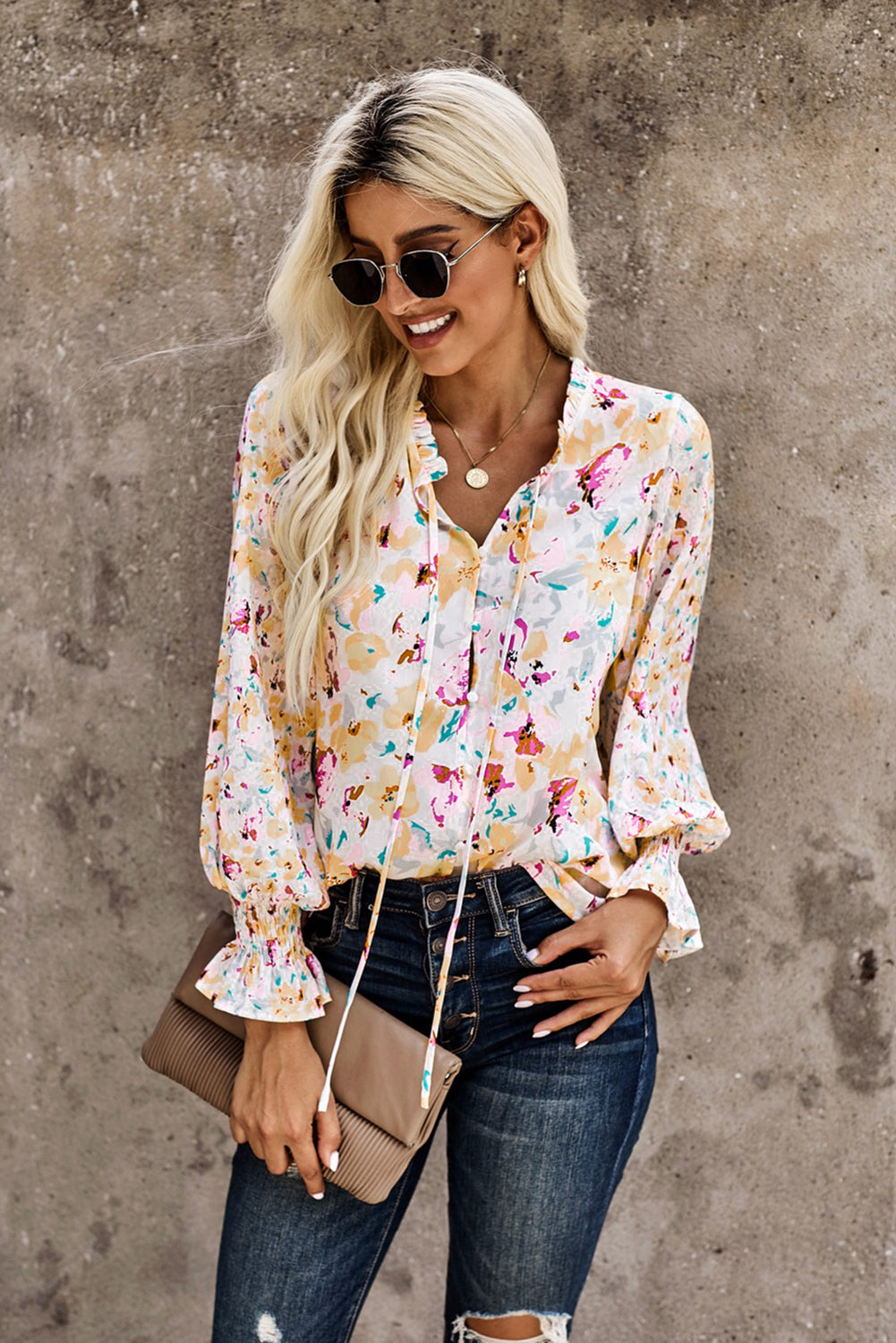 Pink Floral Print Bohemian Button Tie Front Blouse