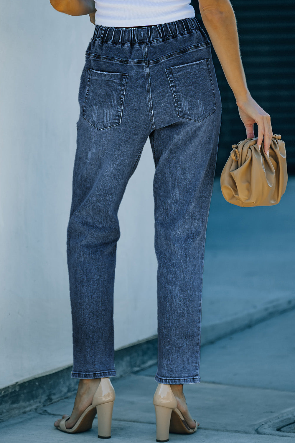 Dark Blue Casual Gather Round Distressed Pocketed Jeans