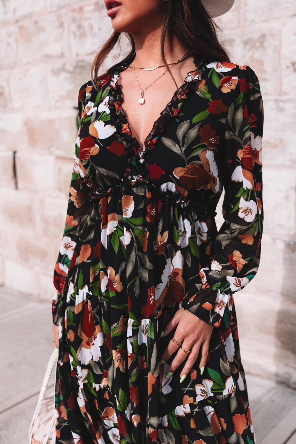 Pastel Red Floral Print Ruffle Trim Plunge Neckline Maxi Dress