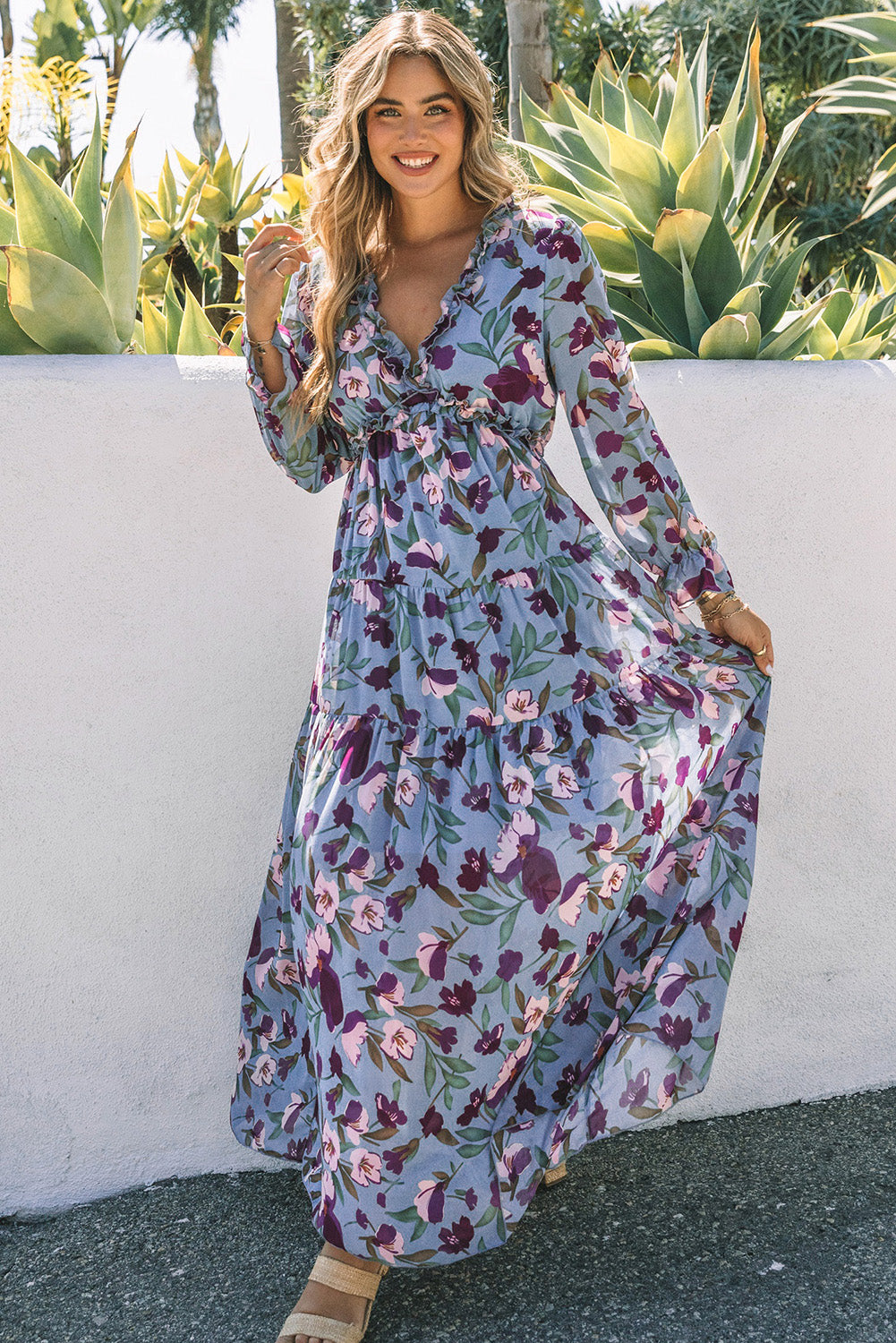 Pastel Red Floral Print Ruffle Trim Plunge Neckline Maxi Dress