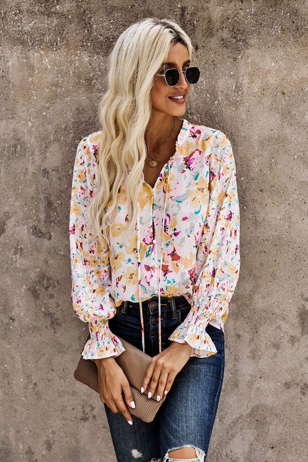 Pink Floral Print Bohemian Button Tie Front Blouse