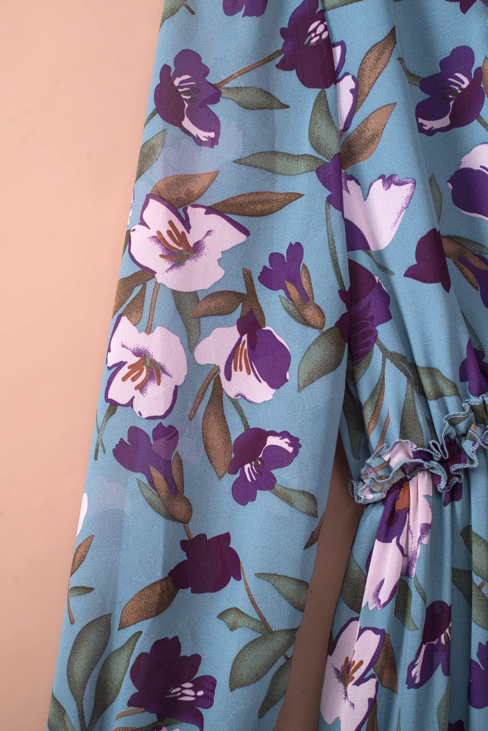 Pastel Red Floral Print Ruffle Trim Plunge Neckline Maxi Dress