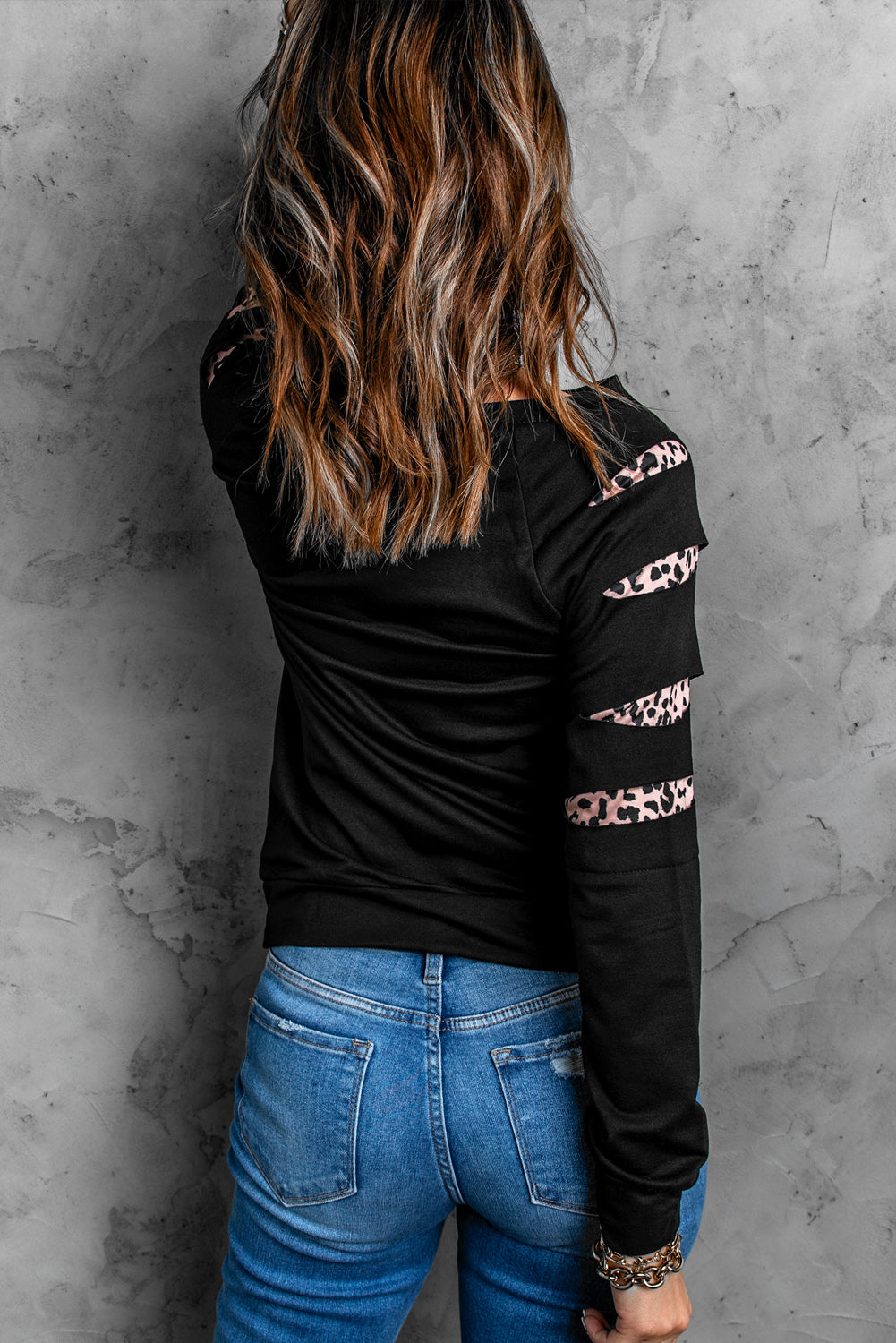 Leopard Print Distressed Raglan Sleeve Sweatshirt