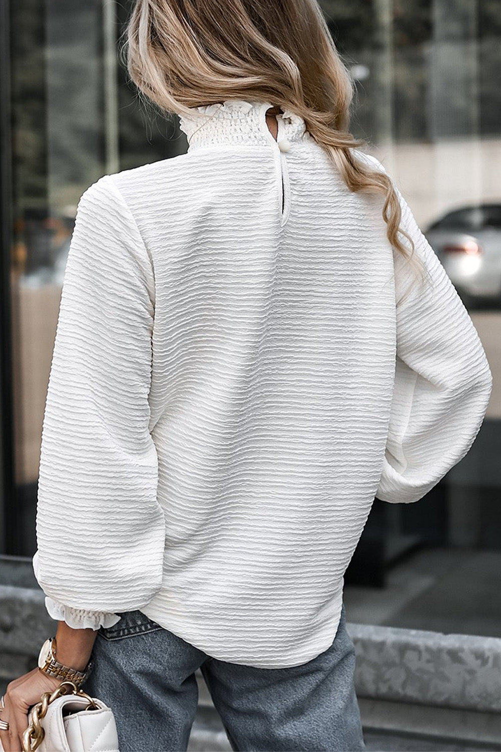 Mock Neck Top Textured Frill Detail Shirred Cuffs Blouse