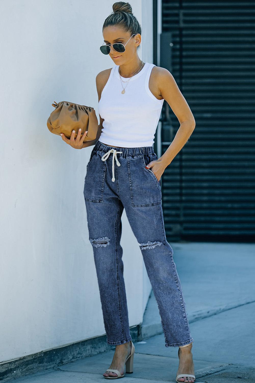 Dark Blue Casual Gather Round Distressed Pocketed Jeans