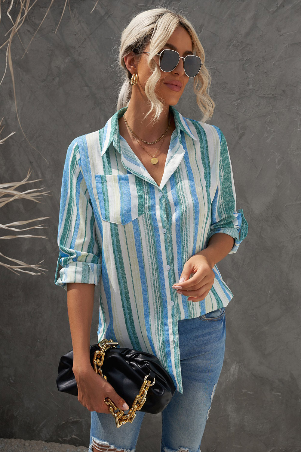 Button Up Collared Stripes Shirt for Women