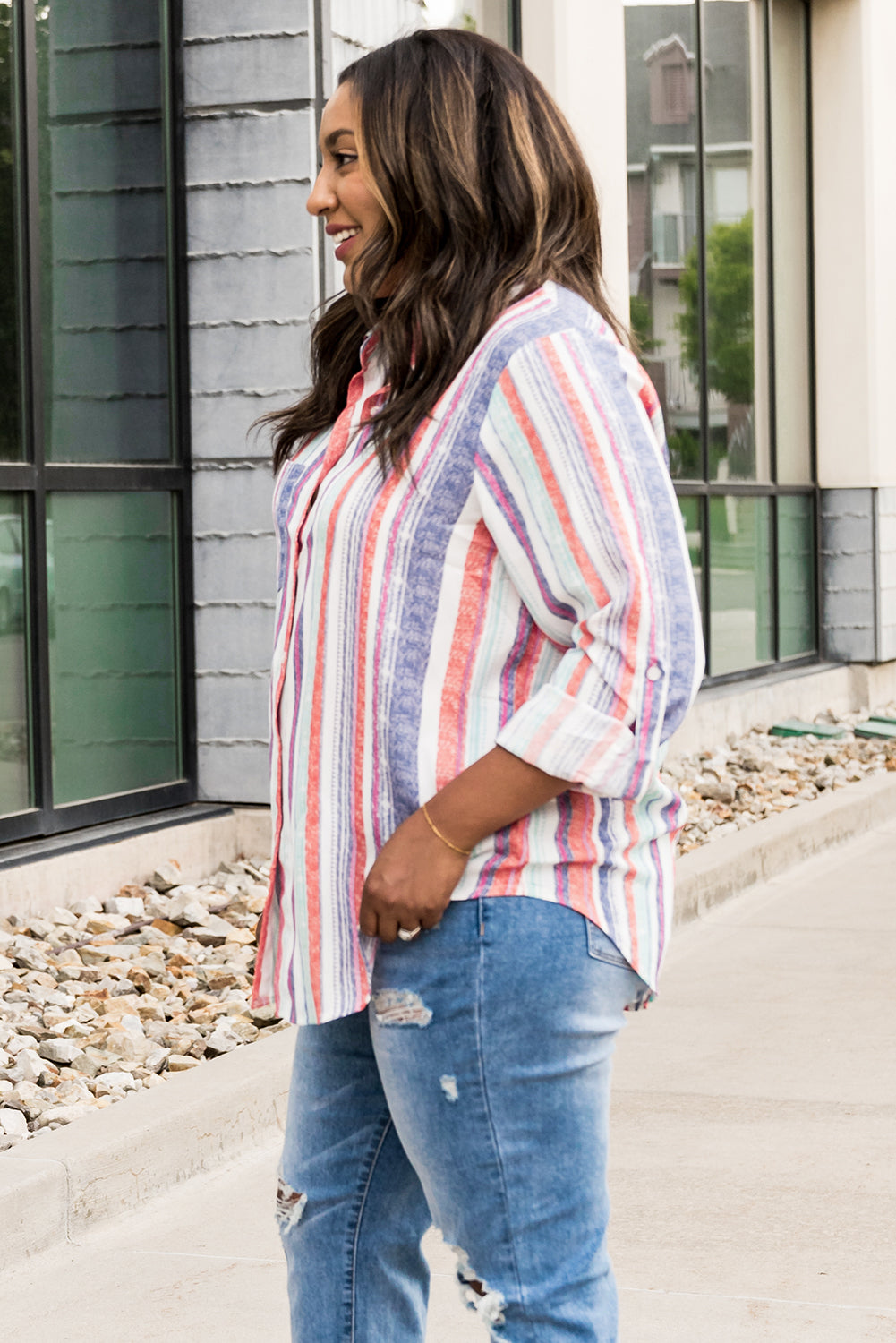 Button Up Collared Stripes Shirt for Women
