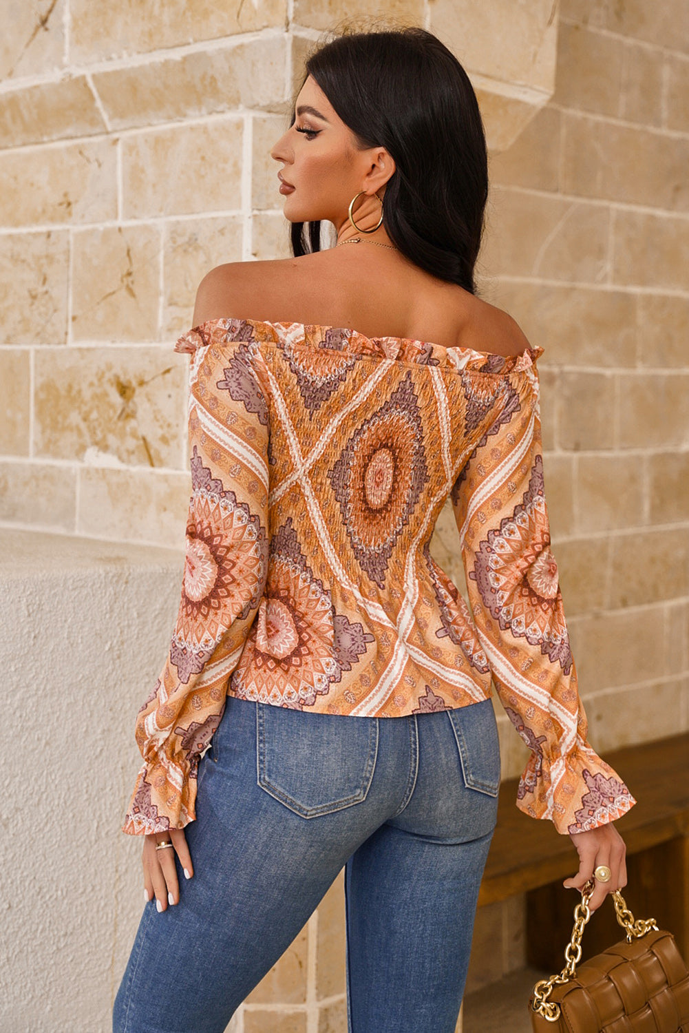 Paisley Print Smocked Off Shoulder Top