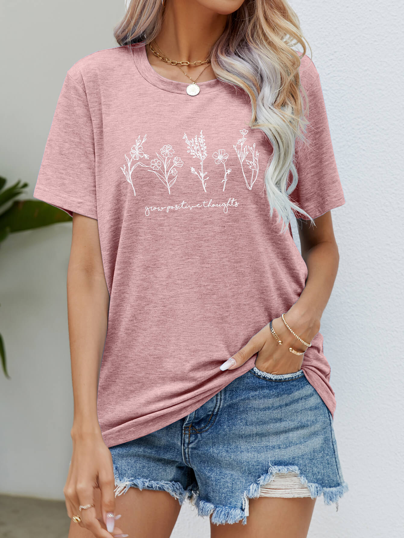 GROW POSITIVE THOUGHTS Round Neck Short Sleeve Tee