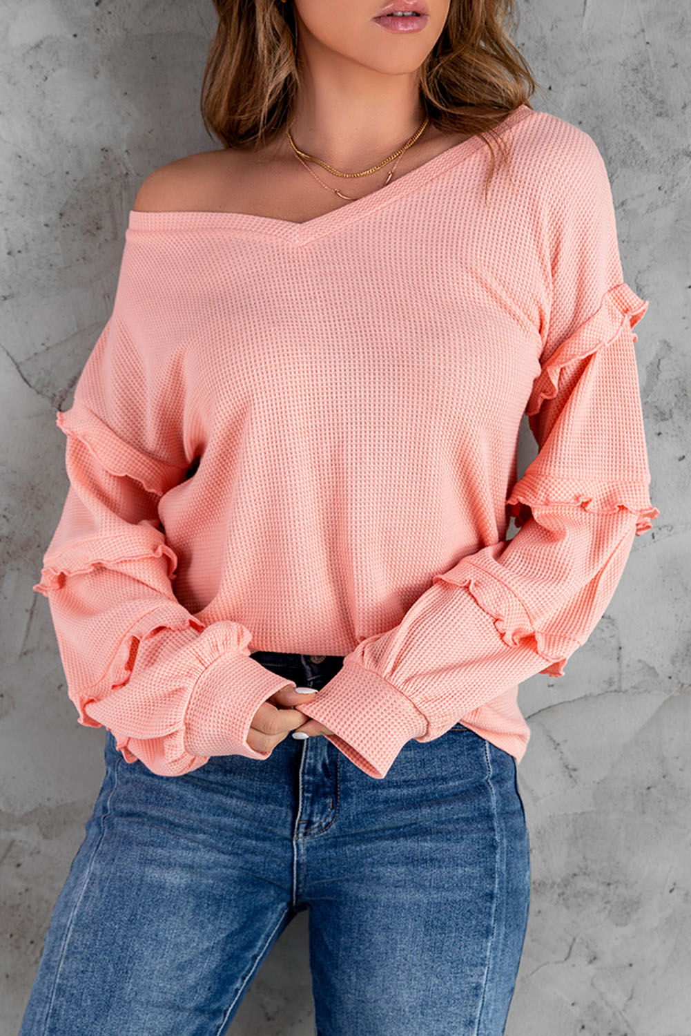 Grey V Neck Pullover Tiered Ruffle Long Sleeve Shirt