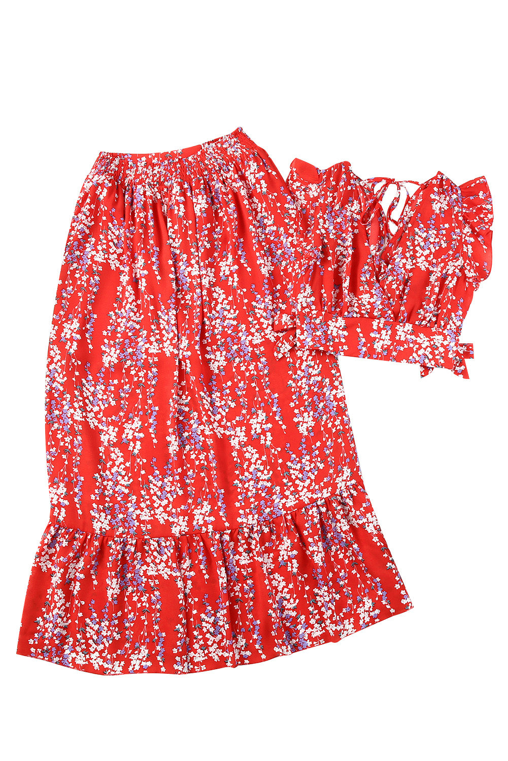 Ditsy Floral Print Ruffled Crop Top & Flounce Hem Maxi Skirt Set
