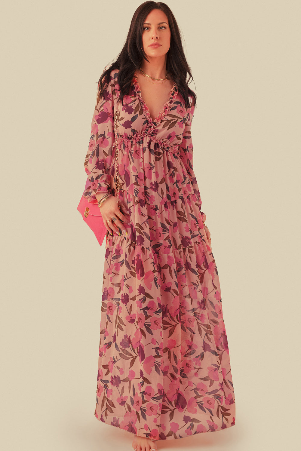 Pastel Red Floral Print Ruffle Trim Plunge Neckline Maxi Dress