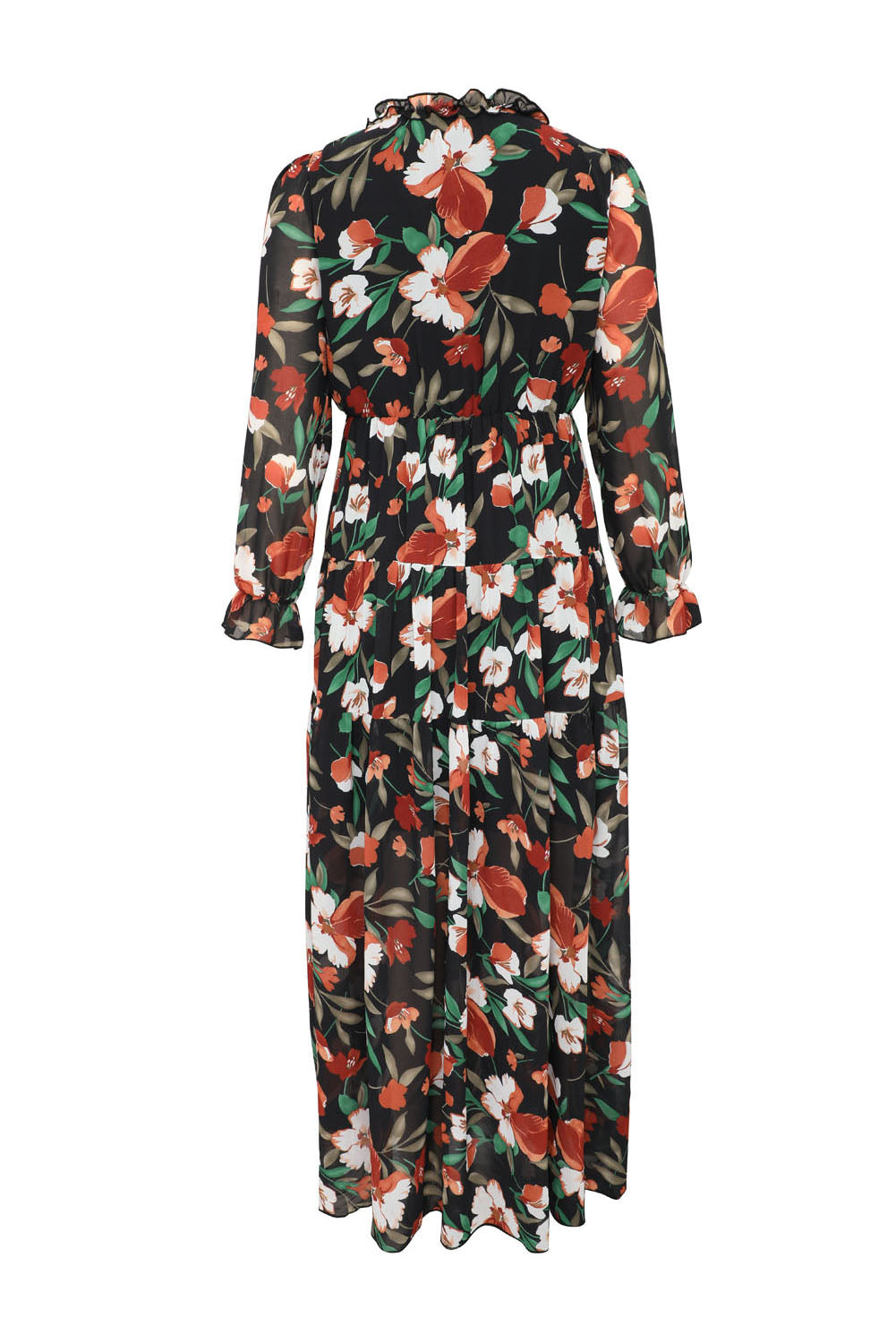 Pastel Red Floral Print Ruffle Trim Plunge Neckline Maxi Dress