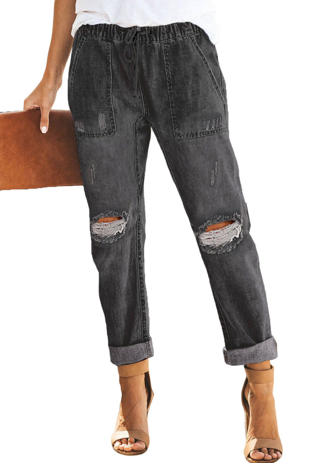 Dark Blue Casual Gather Round Distressed Pocketed Jeans