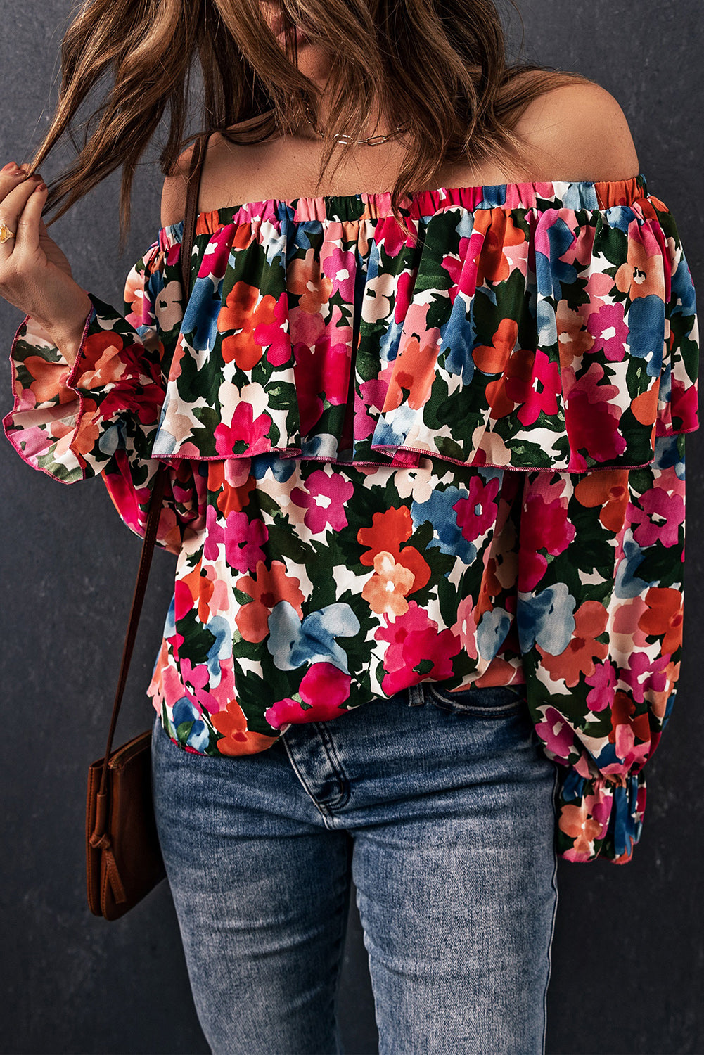 Multicolor Bohemian Floral Print Shirred Ruffle Off Shoulder Blouse