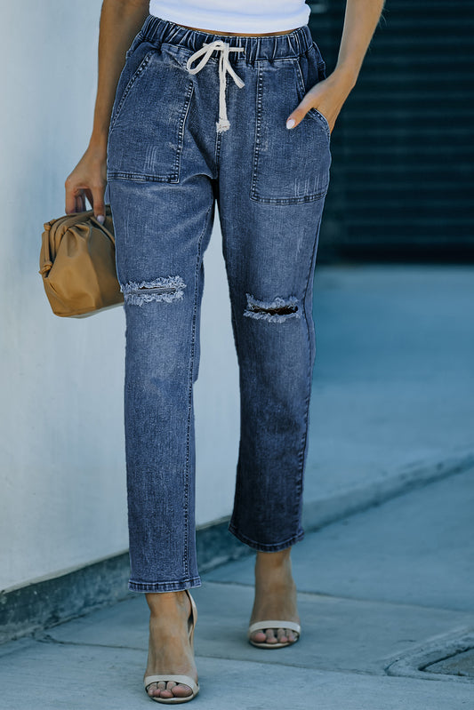 Dark Blue Casual Gather Round Distressed Pocketed Jeans